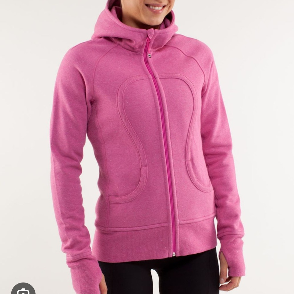 Lululemon scuba old style. Sparkle Heathered Paris pink with black hood logo.